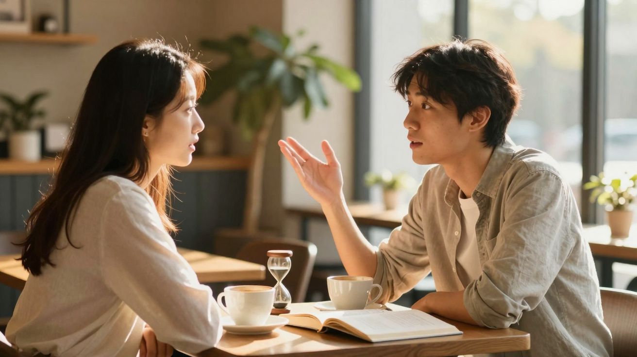Homem e mulher sentados à mesa de café, a conversar com expressão séria, com livro e chávena na mesa.