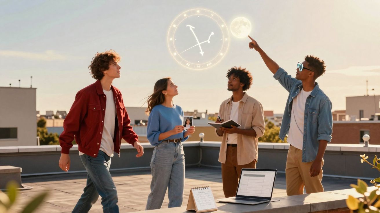 Grupo de quatro jovens num terraço, apontando para símbolos do signo de Sagitário no céu ao pôr do sol.