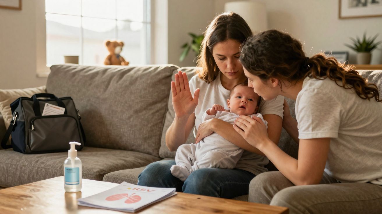 Duas mulheres sentadas no sofá com um bebé ao colo, uma delas a explicar algo com a mão levantada.