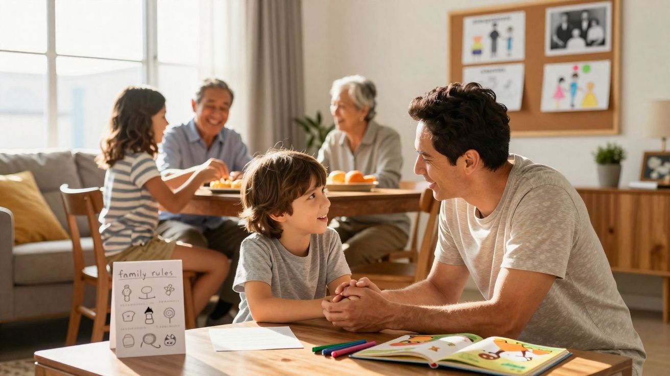 Família de três gerações junta numa sala, com adulto e criança a fazerem atividades em primeiro plano.