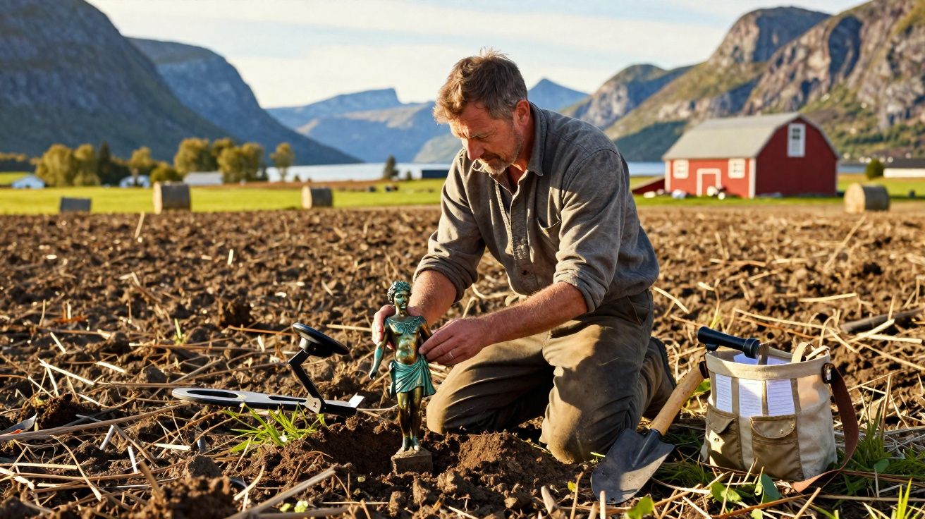 Homem ajoelhado a escavar no campo com detector de metais e a encontrar estátua antiga.