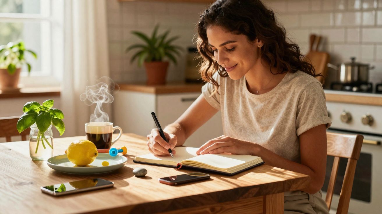 Mulher sentada à mesa na cozinha, a escrever num caderno, com chá quente e limão à frente.