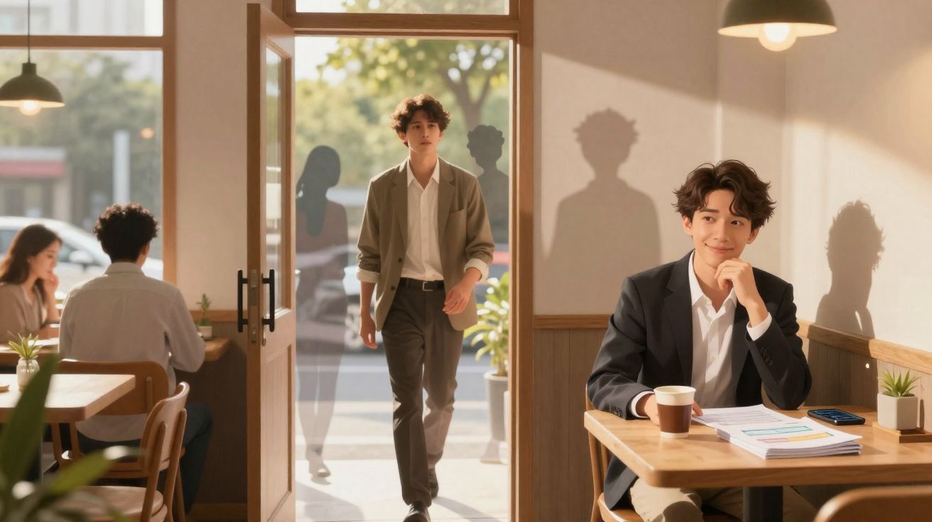 Jovem entra em café onde outro jovem está sentado a trabalhar com café e documentos na mesa.