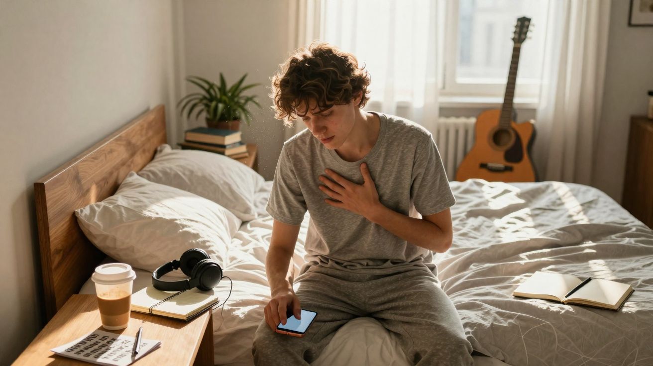 Jovem sentado na cama com mão no peito, olhando para o telemóvel, em quarto iluminado e acolhedor.