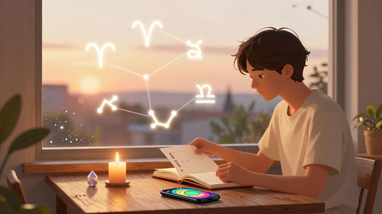 Jovem a ler um livro com símbolos astrológicos luminosos e sol poente ao fundo.