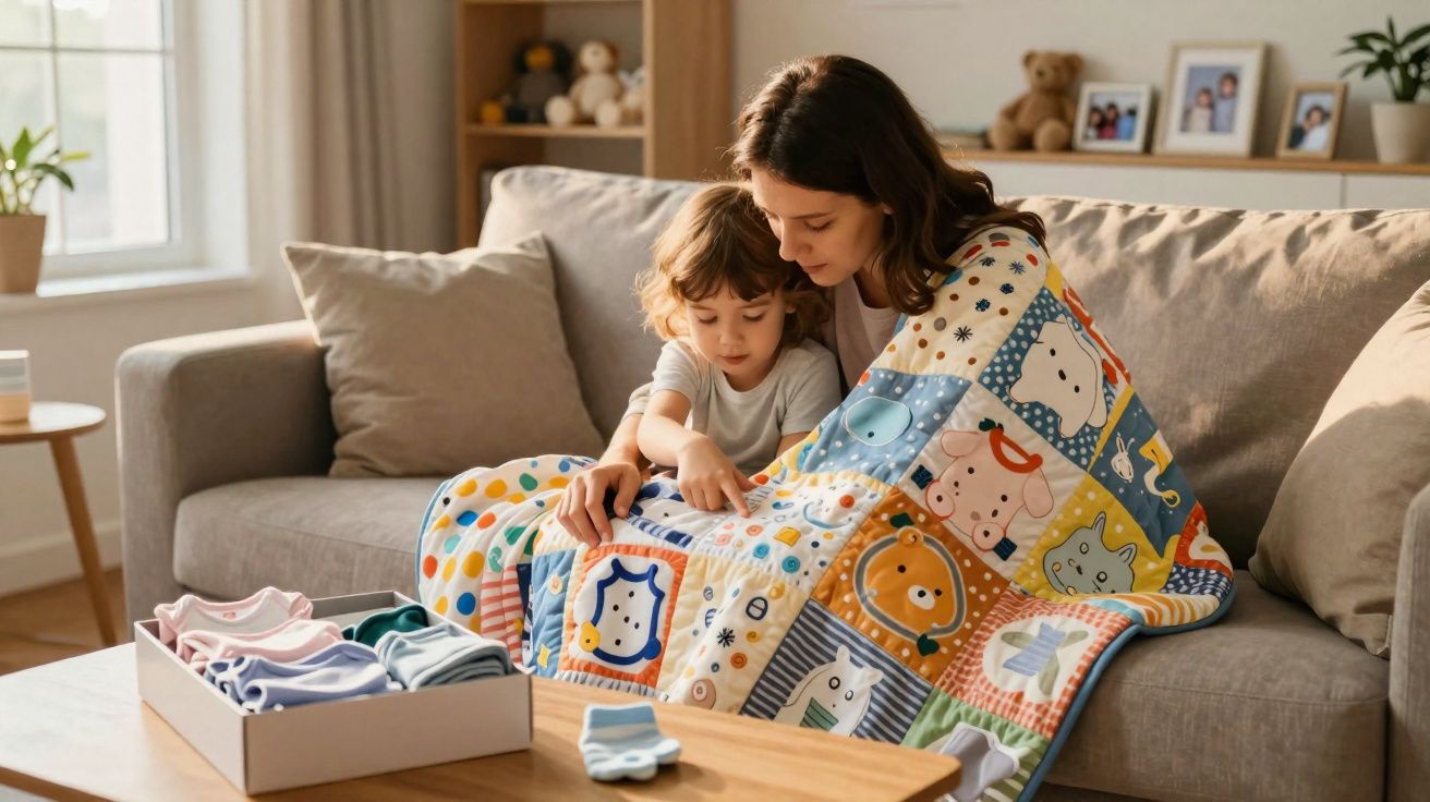 Mãe e filho sentados no sofá, cobertos com uma manta colorida, brincando juntos.