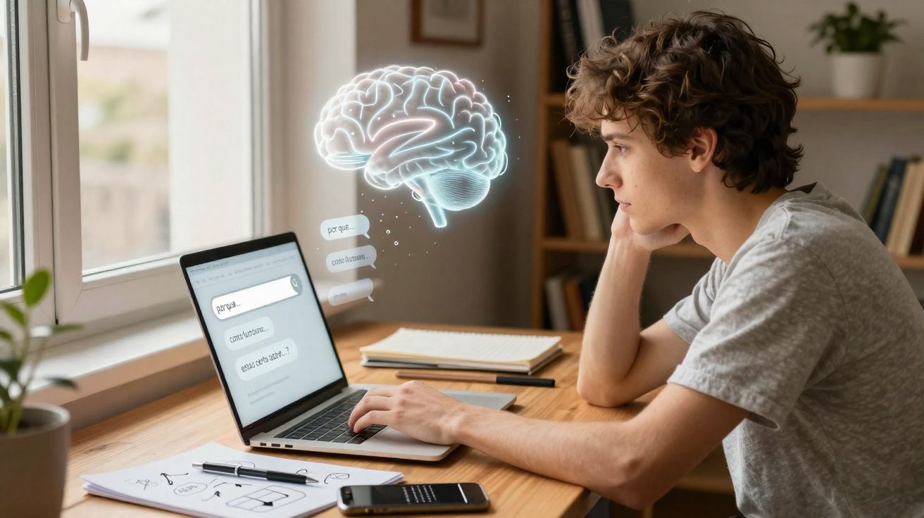 Jovem a estudar num computador portátil com ilustração de cérebro digital flutuante ao lado.