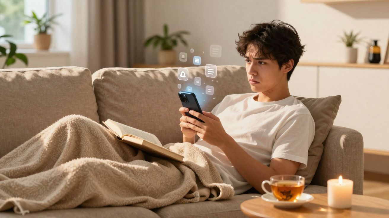 Jovem sentado no sofá com manta, a usar telemóvel e livro aberto, com chá e vela numa mesa ao lado.