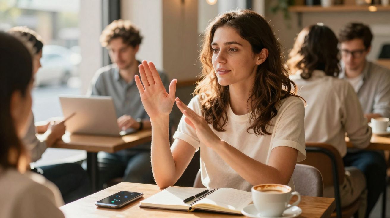 Jovem mulher a conversar com outra pessoa num café, com caderno, café e telemóvel na mesa.