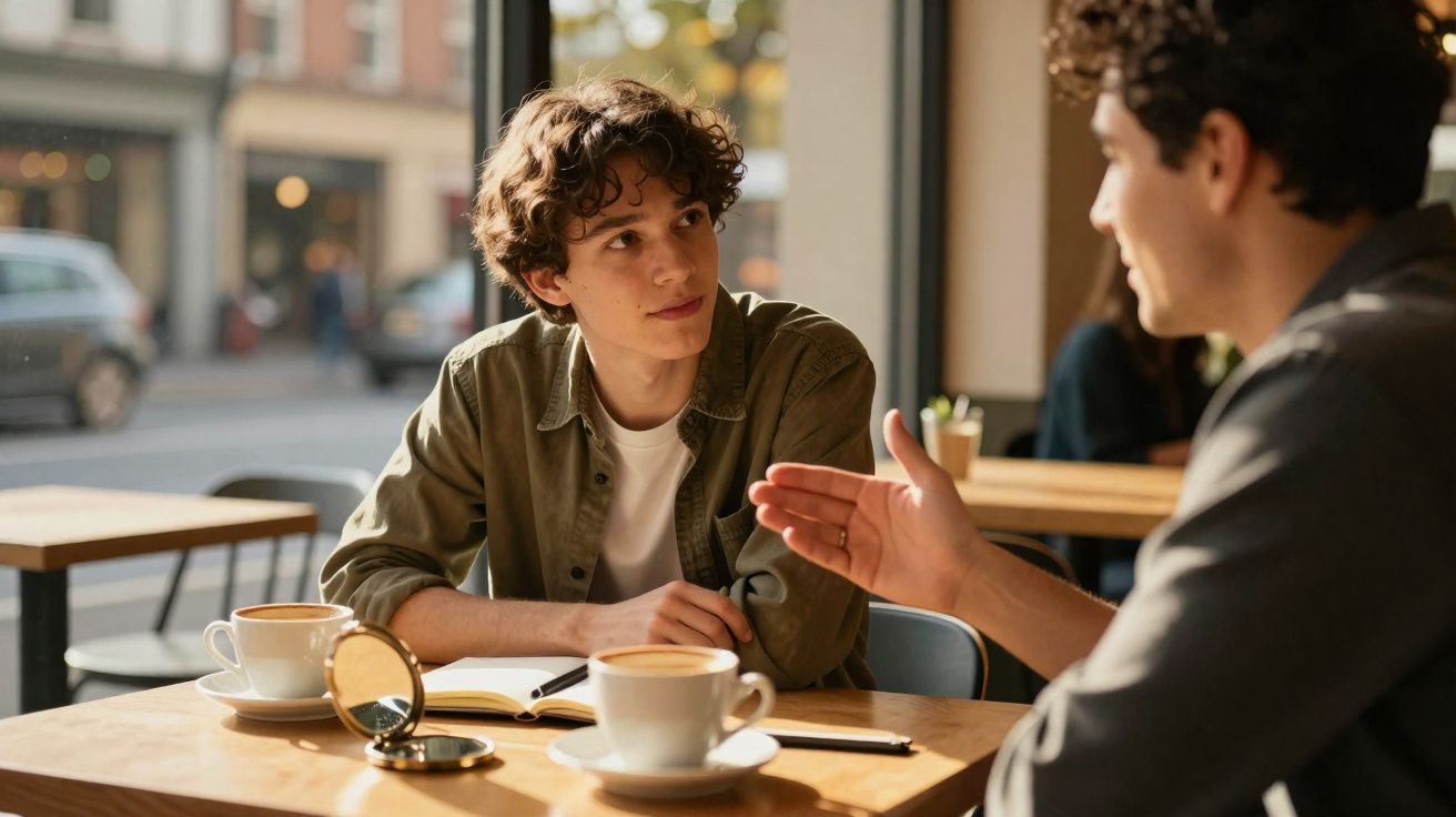 Dois jovens conversam numa cafeteria com café e caderno sobre a mesa em ambiente urbano iluminado.