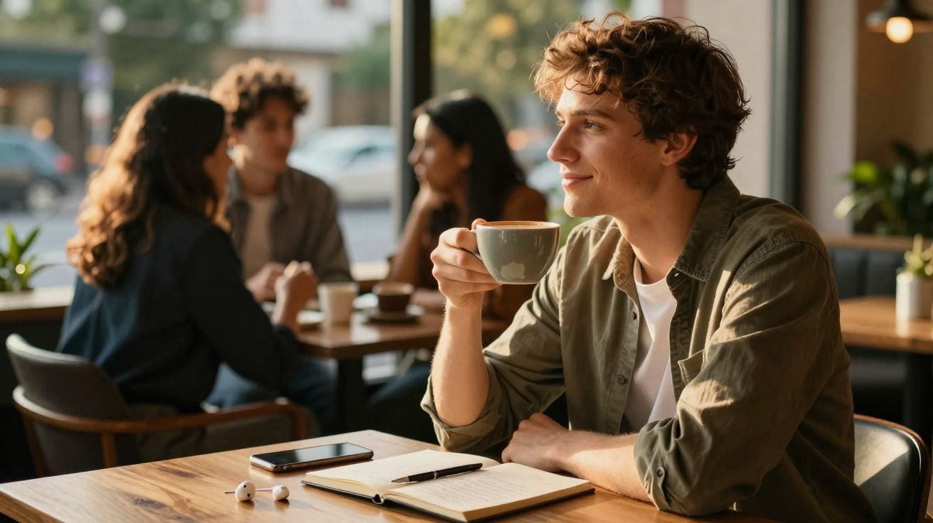Jovem sentado numa cafetaria, a beber café, com caderno e telemóvel na mesa, e pessoas ao fundo.