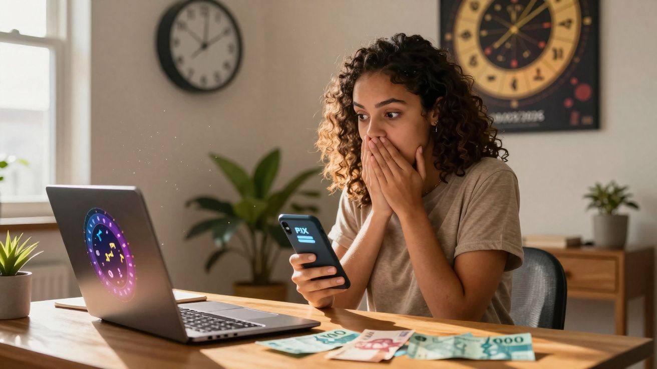 Mulher surpreendida a olhar para o telemóvel com dinheiro e portátil numa mesa de madeira.