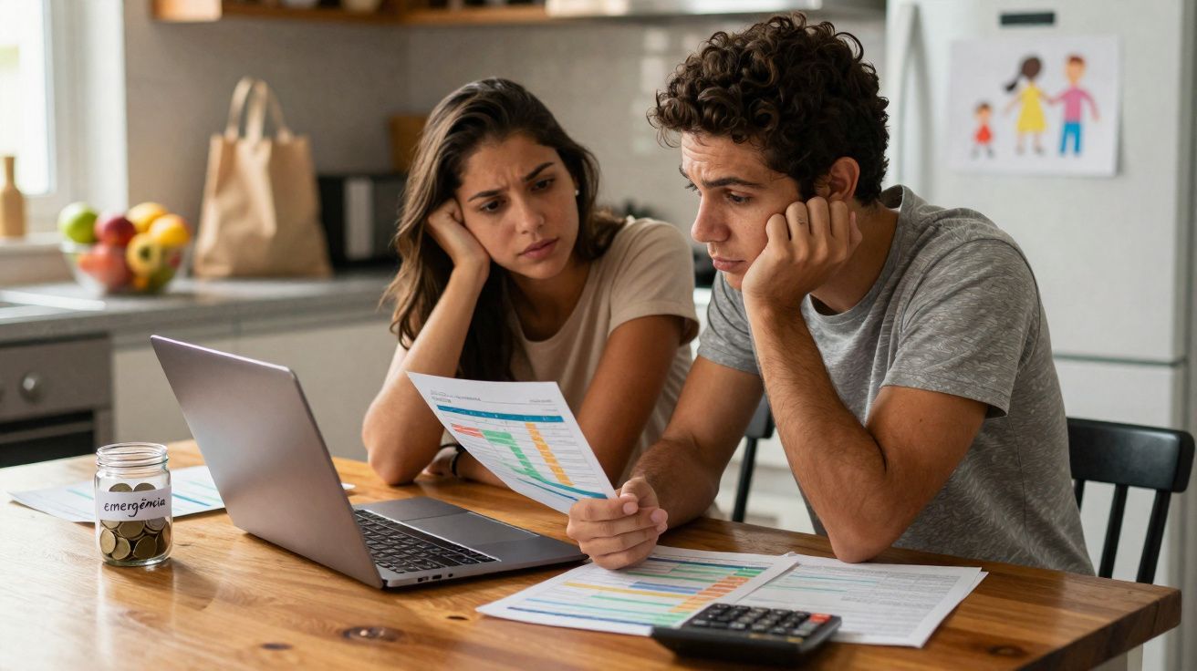 Casal preocupado analisa contas e orçamento na cozinha com cofre de emergência e computador portátil.
