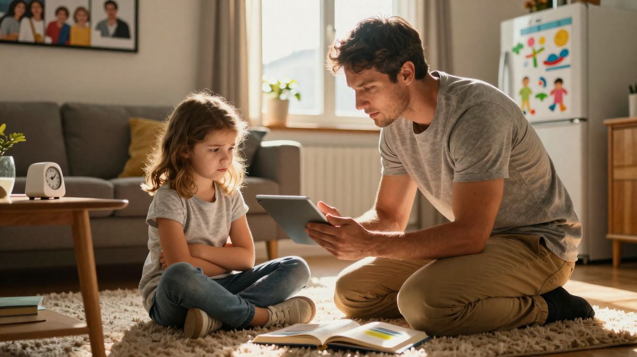 Pai e filha sentados no chão da sala, o pai mostra algo num tablet enquanto a filha observa séria.