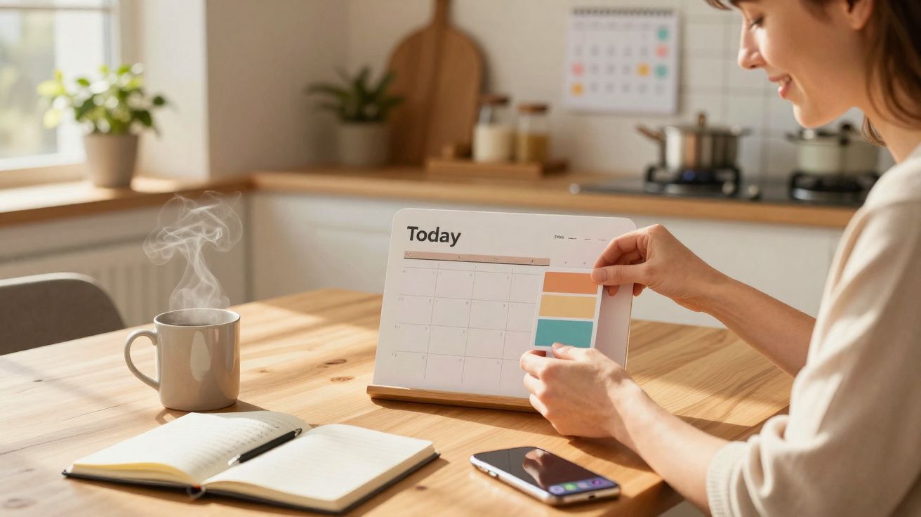 Pessoa à mesa com calendário, caderno, telemóvel e chá quente numa cozinha iluminada pelo sol.