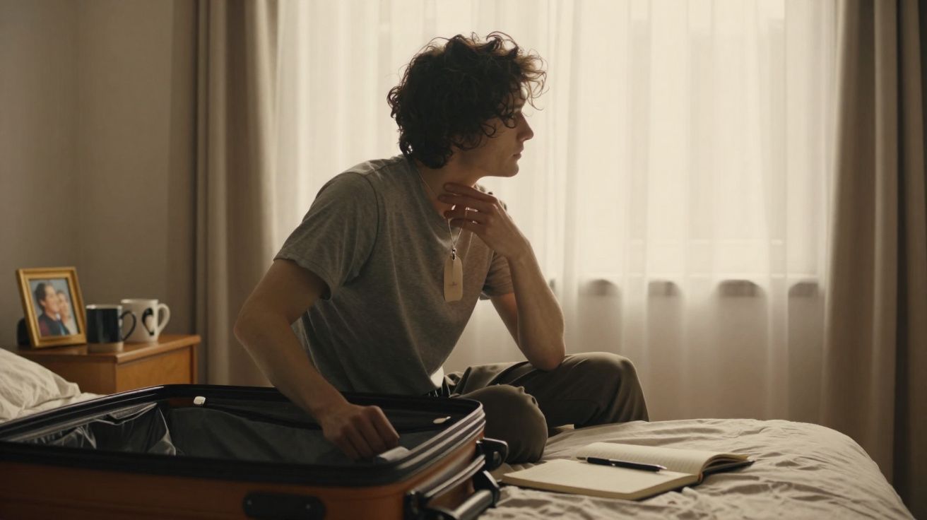 Jovem sentado na cama ao lado de uma mala aberta, olhando para a janela com um bloco de notas à sua frente.