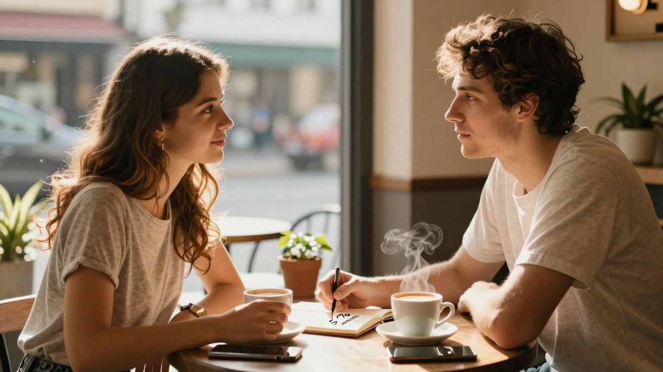 Jovem casal sentado à mesa numa cafetaria, conversando e a beber café quente.
