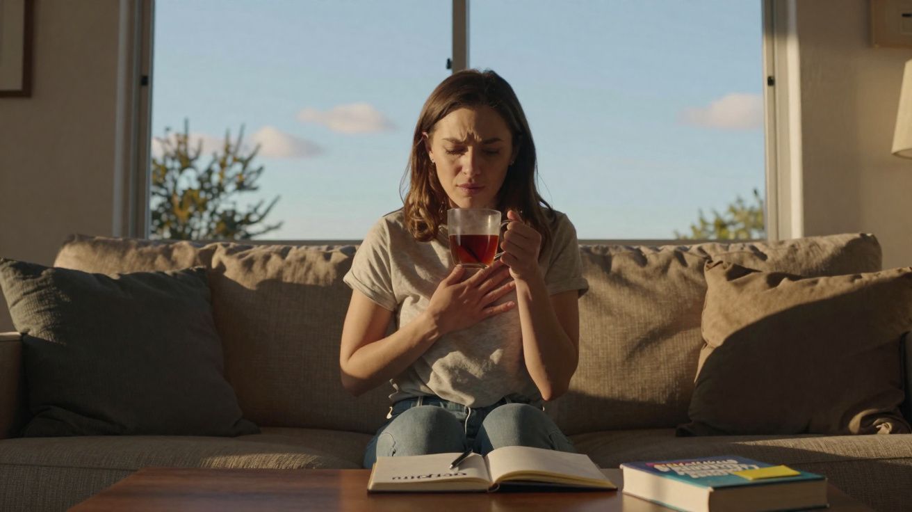 Mulher sentada no sofá, segurando chá e com a mão no peito, aparentando desconforto ou dor.