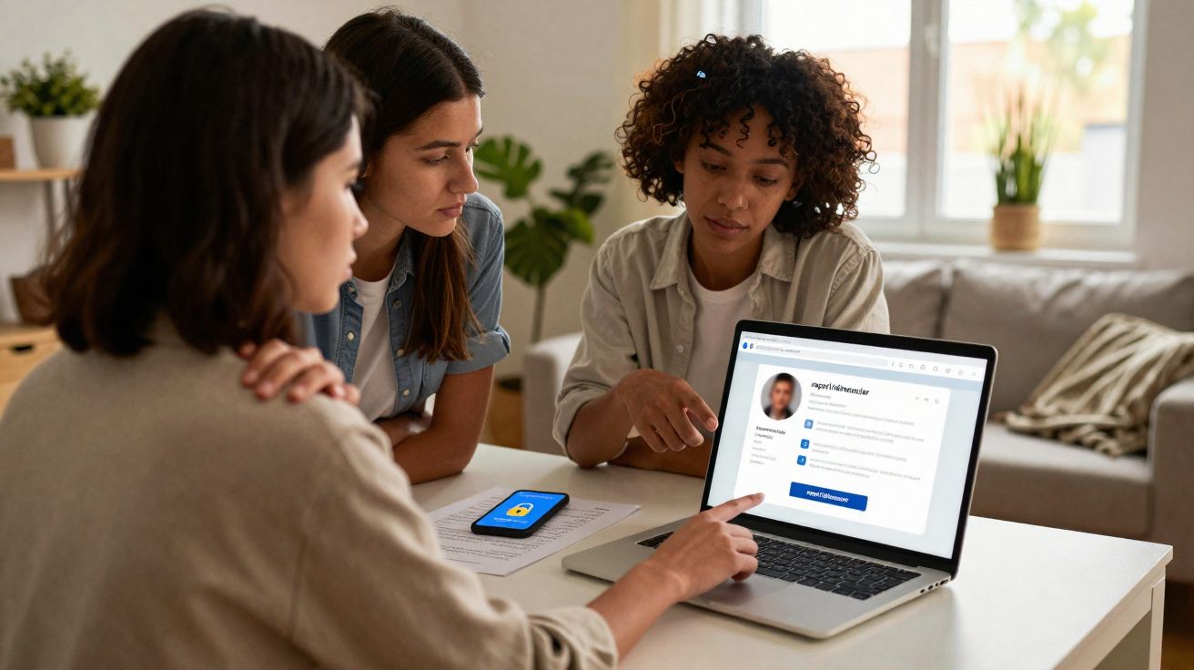 Três mulheres sentadas à mesa a analisar informação num perfil digital num computador portátil numa sala iluminada.