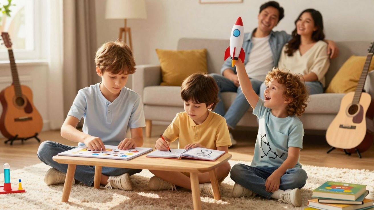 Três crianças brincam e desenham no chão da sala enquanto dois adultos as observam sentados no sofá.