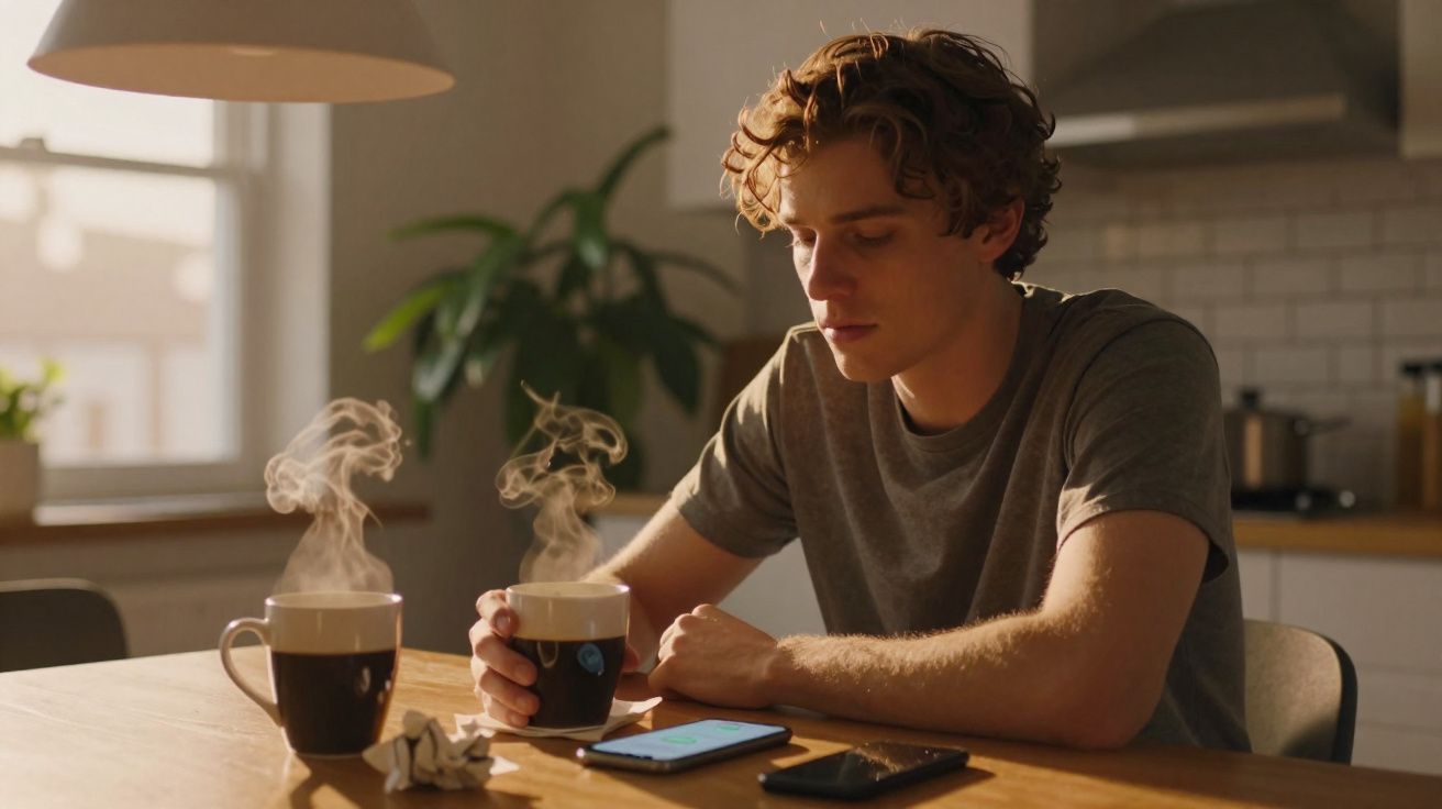 Jovem sentado à mesa em cozinha, segurando chávena quente, com telemóvel e máscara na mesa.