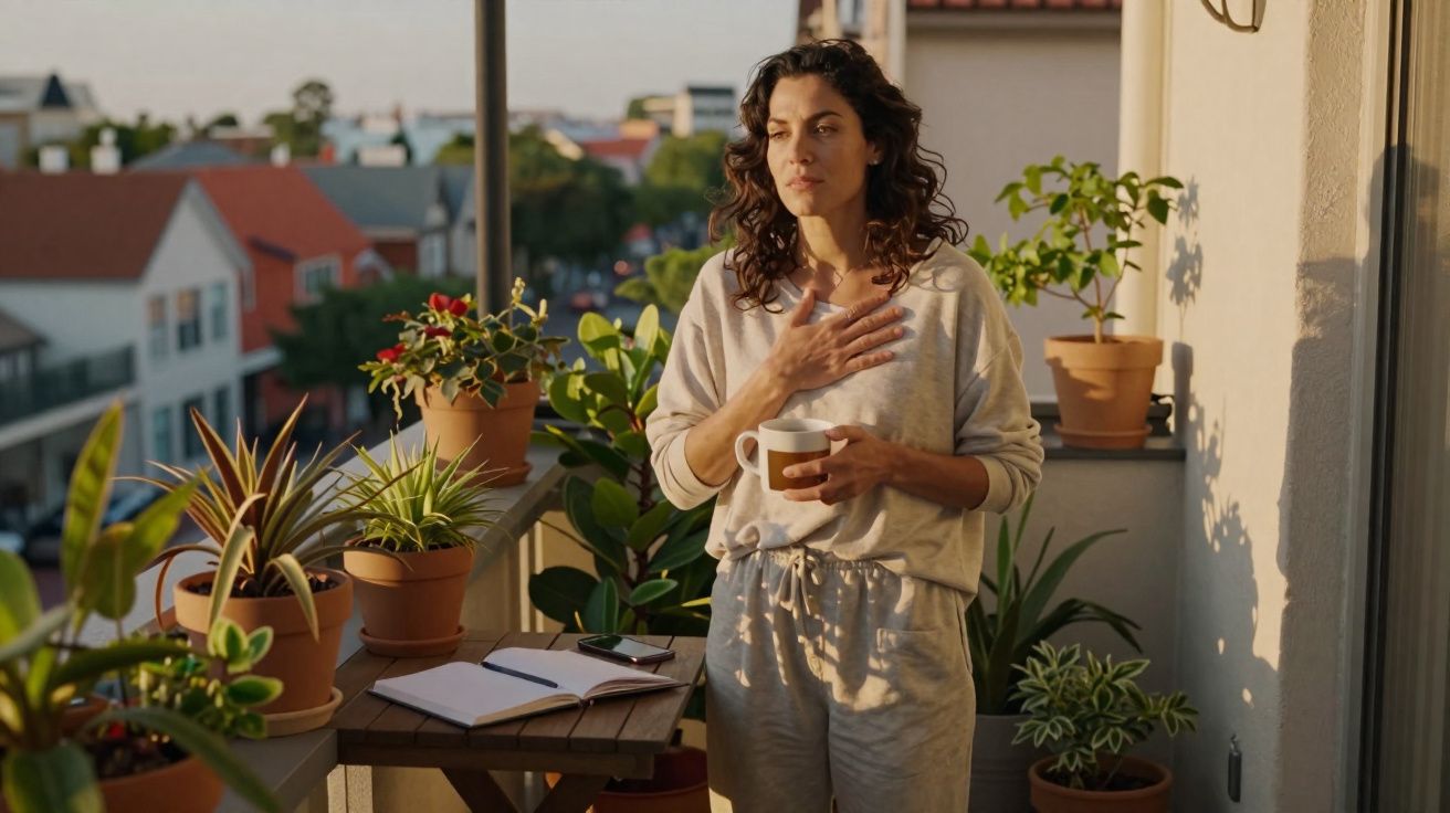 Mulher de cabelo encaracolado segura chávena num terraço rodeada de plantas em vaso ao pôr do sol.