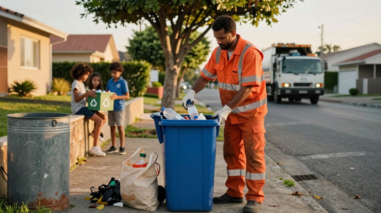 Homem de uniforme laranja a separar resíduos num contentor azul numa rua residencial com crianças ao fundo.