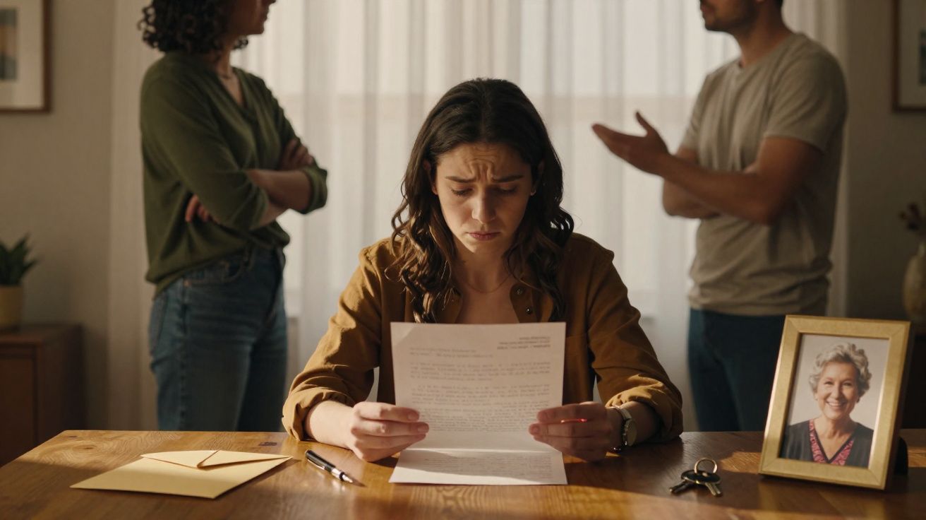Jovem mulher preocupada lê carta enquanto duas pessoas discutem ao fundo numa sala.