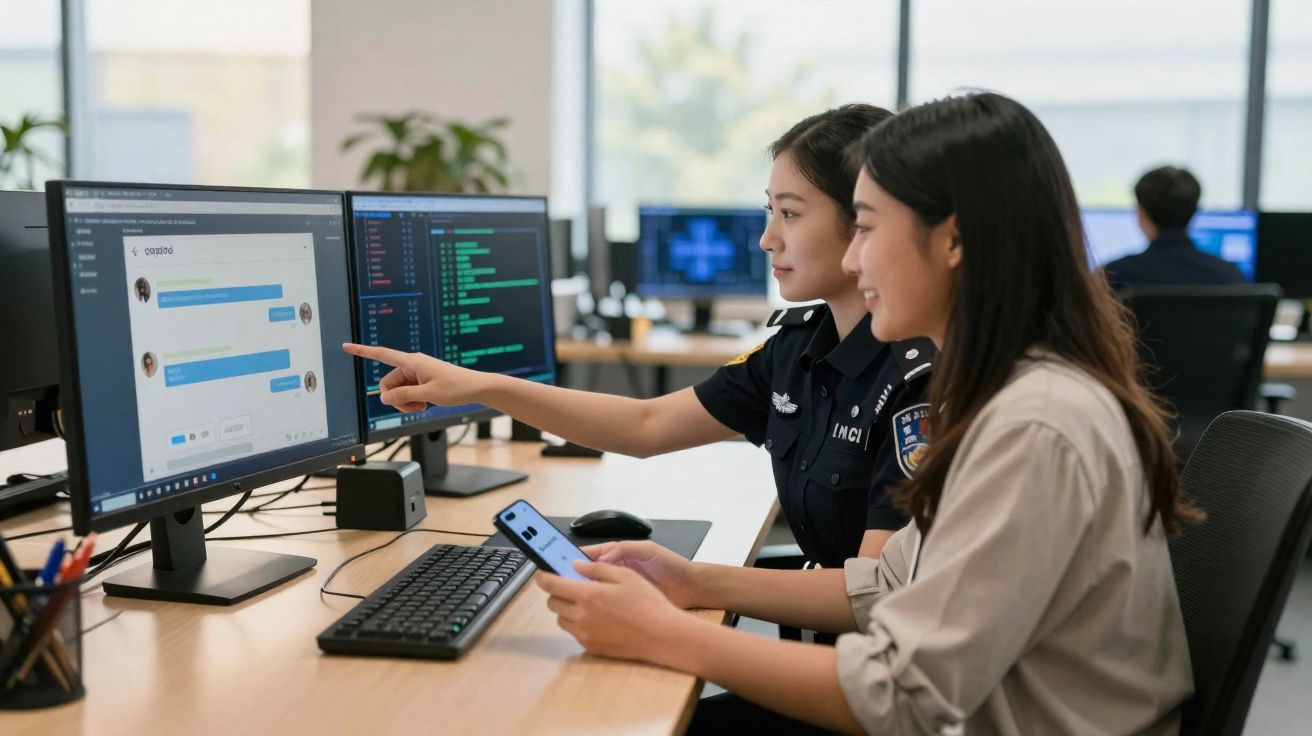 Duas mulheres junto a computadores com mensagens no ecrã, uma delas aponta para o monitor enquanto a outra segura um telemóve