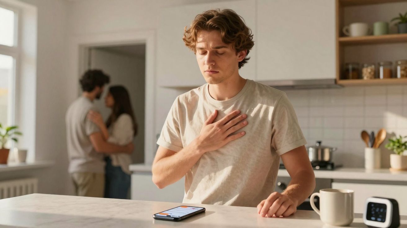 Homem jovem sentado a tocar o peito com expressão preocupada, casal abraçado ao fundo numa cozinha.