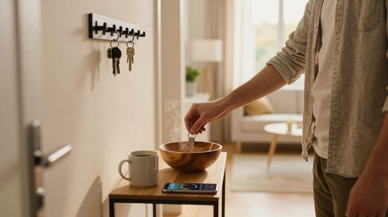 Pessoa a deixar as chaves numa taça de madeira numa entrada com mesa, chávena e telefone.