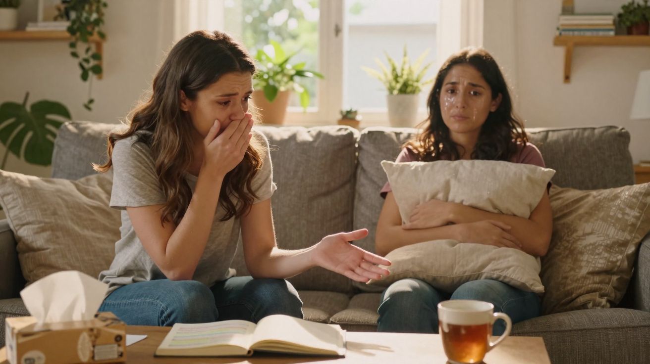 Duas mulheres sentadas no sofá estão a chorar e apoiar-se emocionalmente, numa sala iluminada e acolhedora.