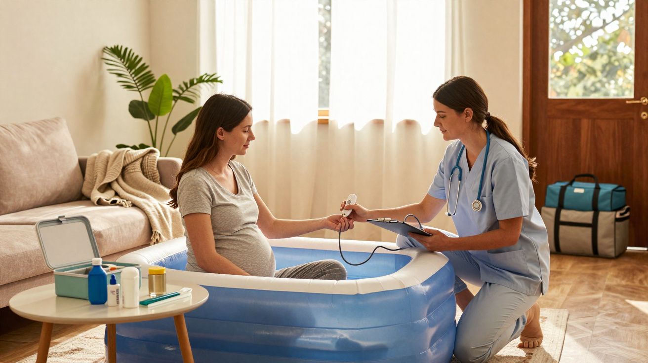 Mulher grávida numa piscina insuflável azul, com enfermeira a medir pressão arterial numa sala iluminada.