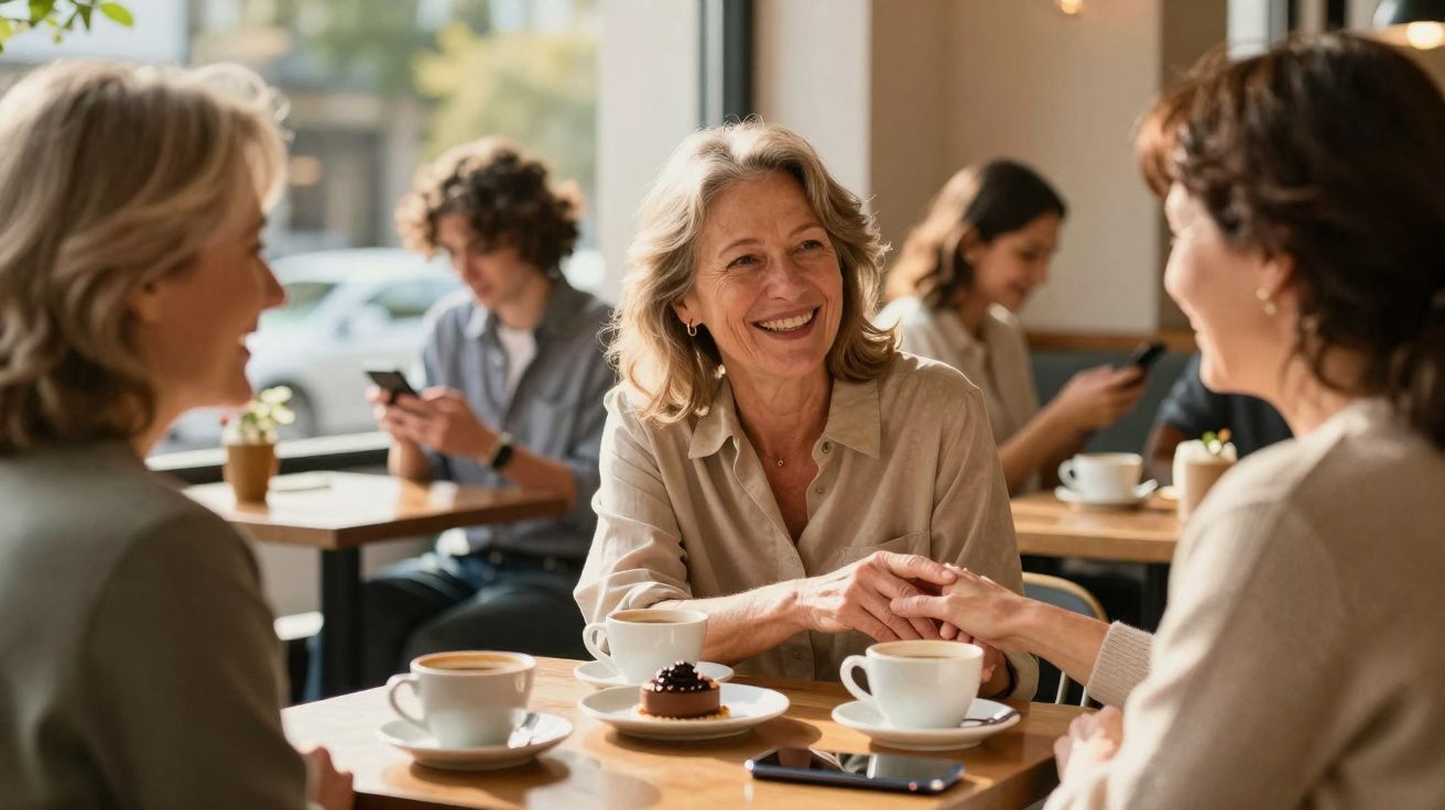 Três mulheres conversam e sorriem numa cafetaria com duas chávenas de café e um bolo na mesa.