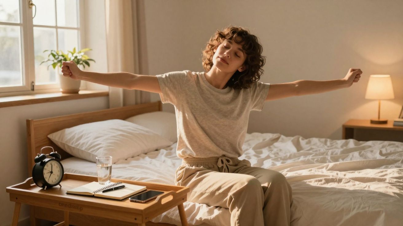 Mulher despenteada a espreguiçar-se sentada na cama num quarto iluminado pela manhã.