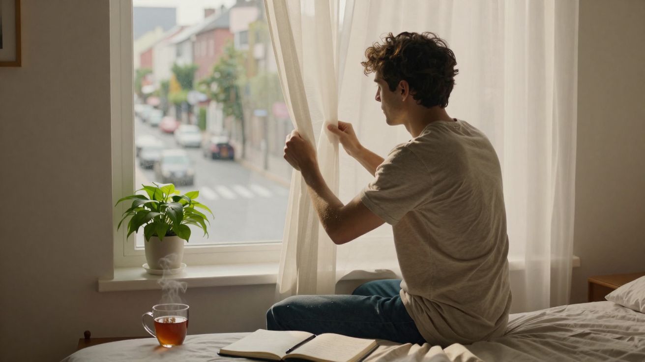 Homem sentado na cama a abrir cortinas enquanto olha pela janela, com chá e caderno à frente.