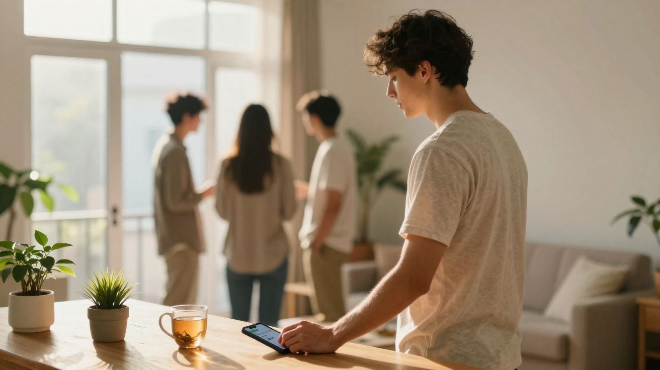 Jovem isolado junto a mesa com telemóvel e chá, enquanto grupo de três pessoas conversa ao fundo numa sala.