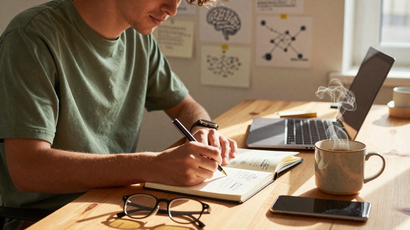 Jovem a escrever num caderno numa mesa com laptop, óculos, telemóvel e chá quente a vapor.