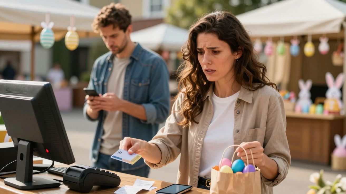 Mulher preocupada paga com cartão numa loja ao ar livre decorada com ovinhos de Páscoa coloridos.