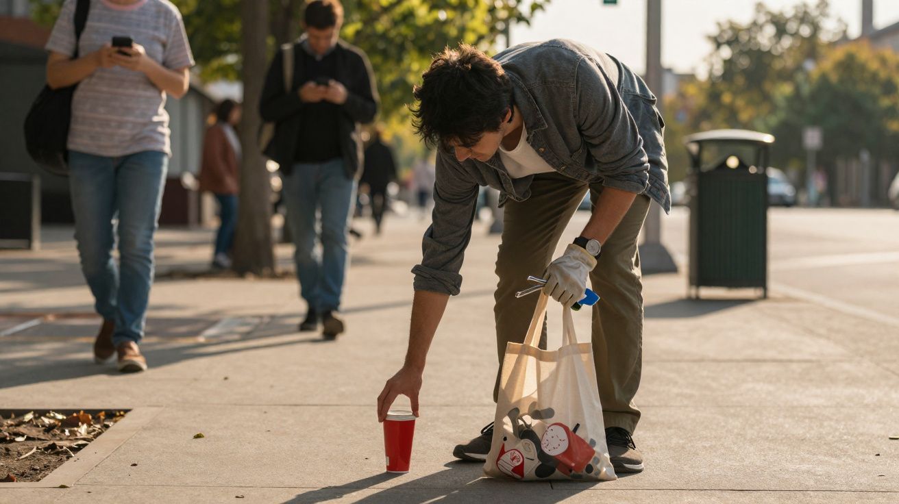 Homem apanha lixo no chão da calçada urbana com sacola cheia de copos e utensílios descartáveis.