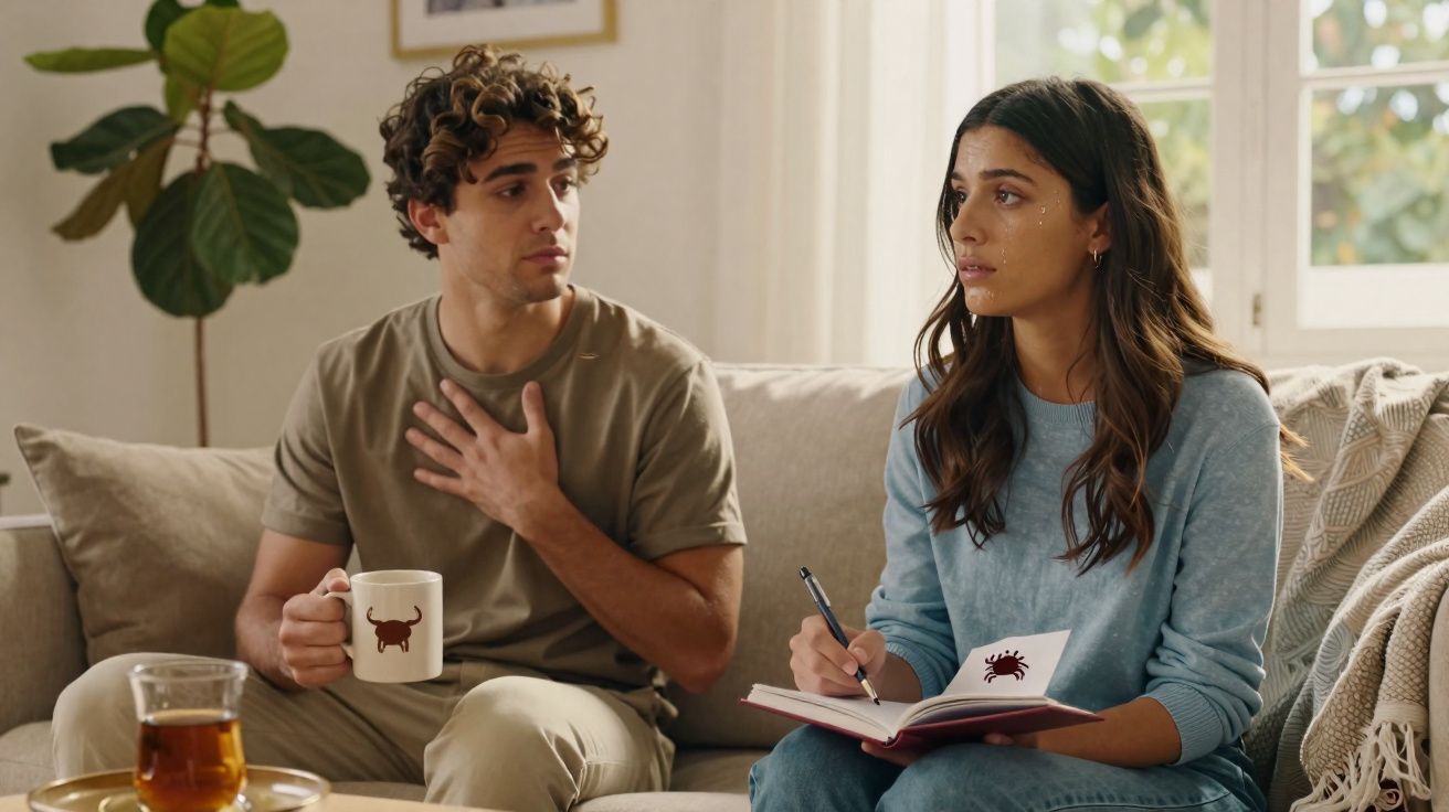 Homem e mulher sentados no sofá, ela escreve num caderno enquanto ele segura uma caneca e gesticula.