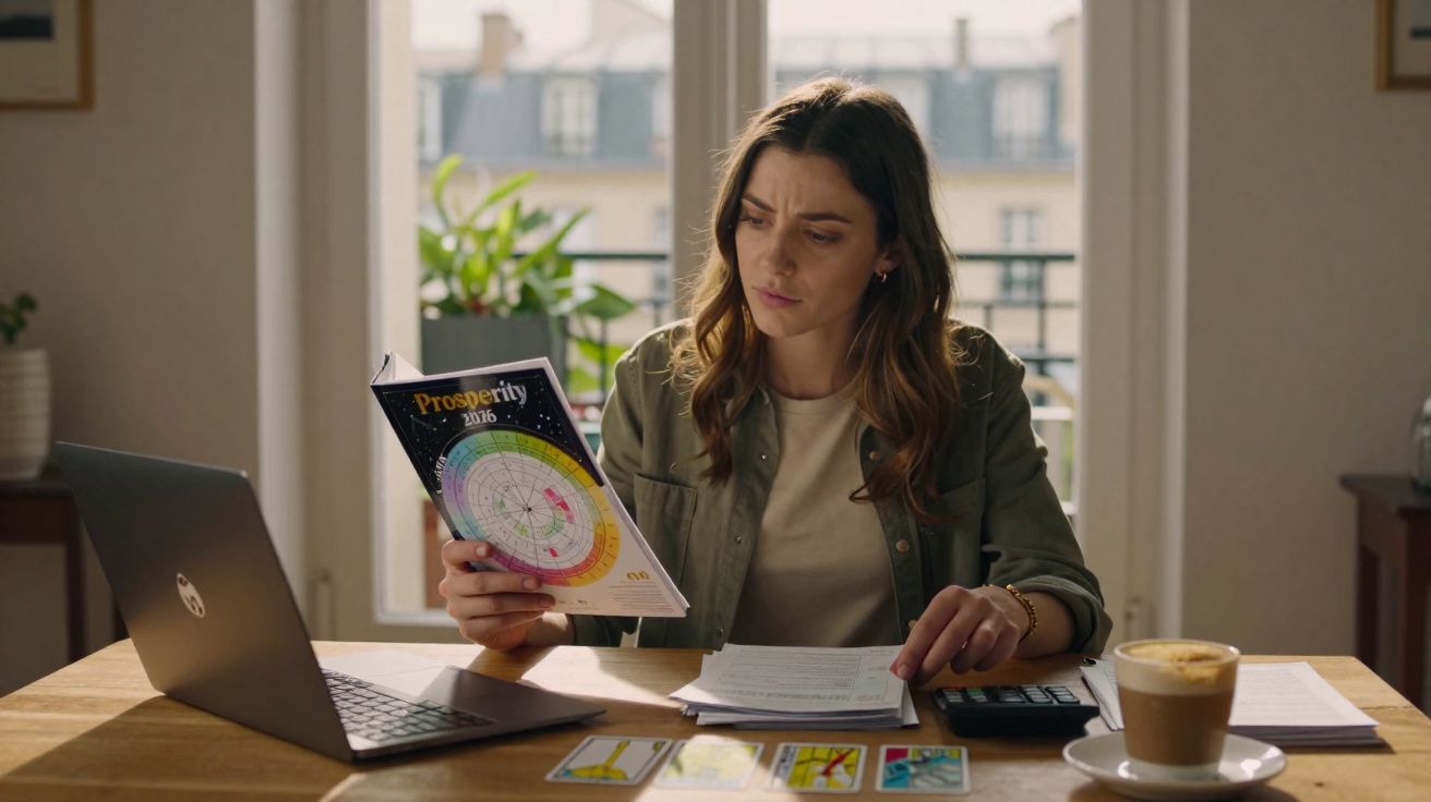 Mulher sentada à mesa com caderno de astrologia, cartas de tarô, calculadora e laptop em ambiente iluminado.