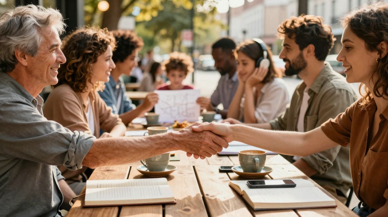 Grupo de pessoas sentadas à mesa ao ar livre, com duas a cumprimentarem-se com um aperto de mão.