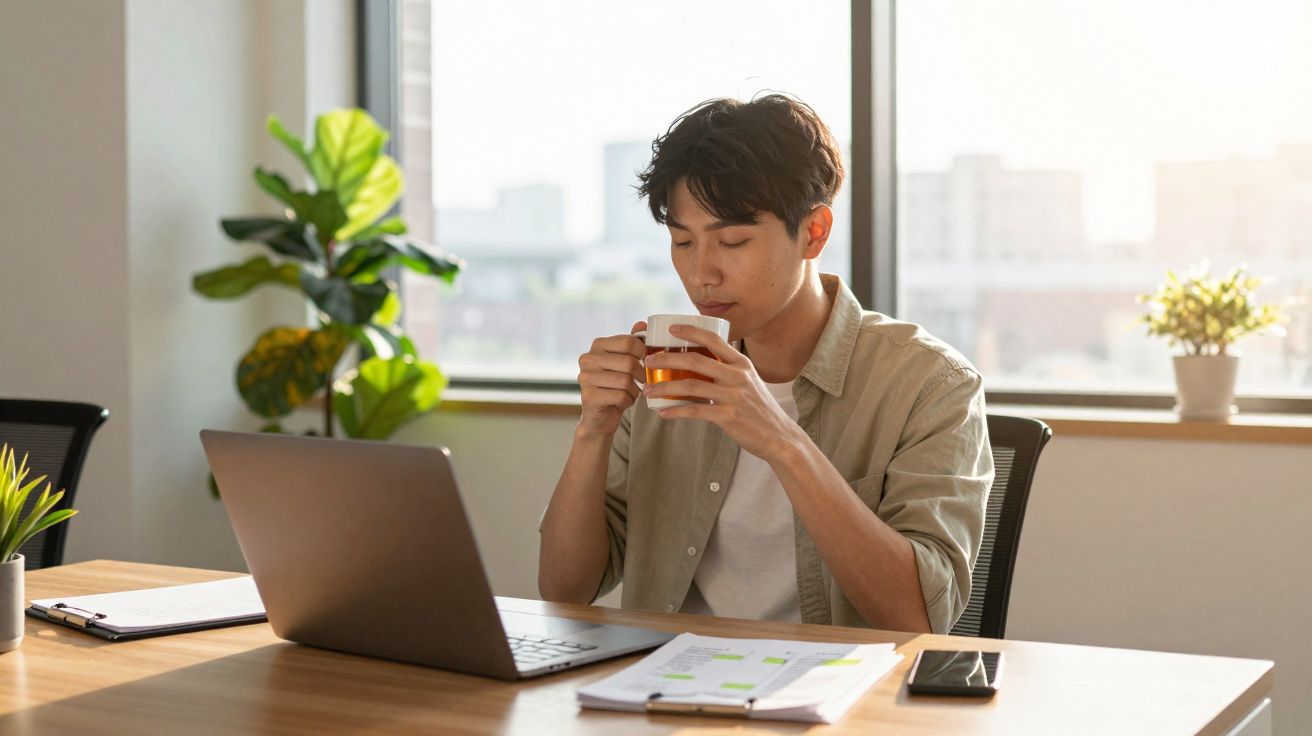Jovem sentado numa secretária a beber chá, com portátil, telefone e documentos à sua frente numa sala iluminada.