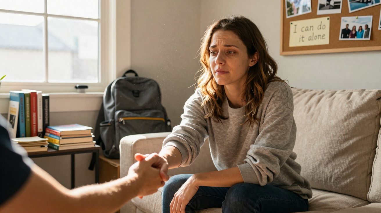 Mulher com expressão triste recebe apoio emocional enquanto segura a mão de outra pessoa num sofá.