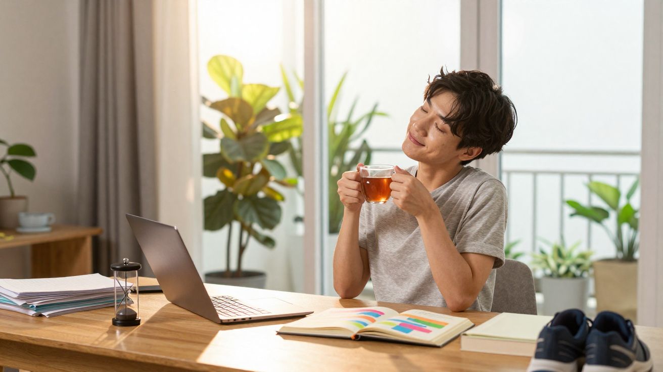 Jovem sentado numa mesa a desfrutar de chá junto a computador portátil e livros num ambiente luminoso.