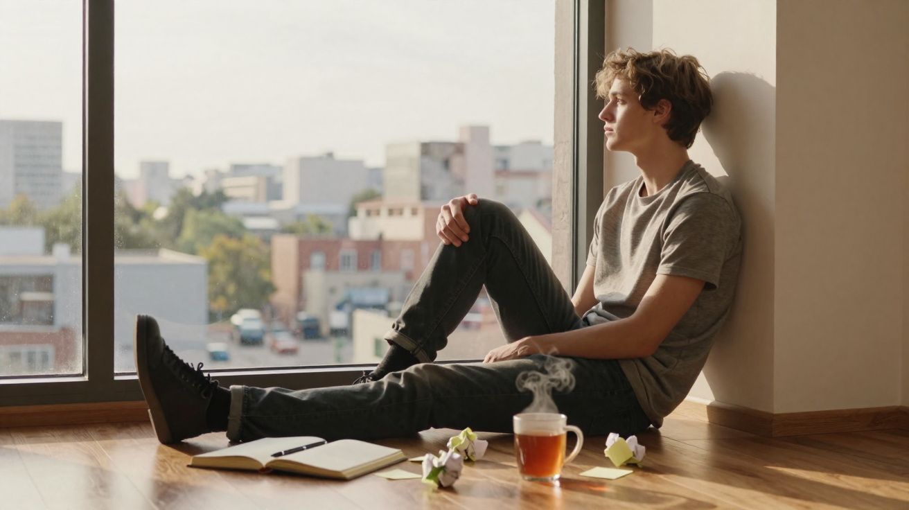 Jovem sentado no chão junto a uma janela grande, olhando para o lado, com chá quente e caderno aberto.