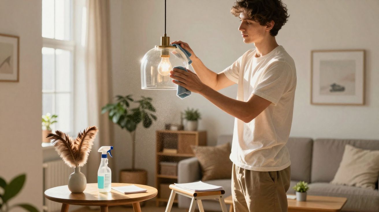 Homem jovem a limpar e desinfetar candeeiro em sala de estar luminosa e com decoração moderna.