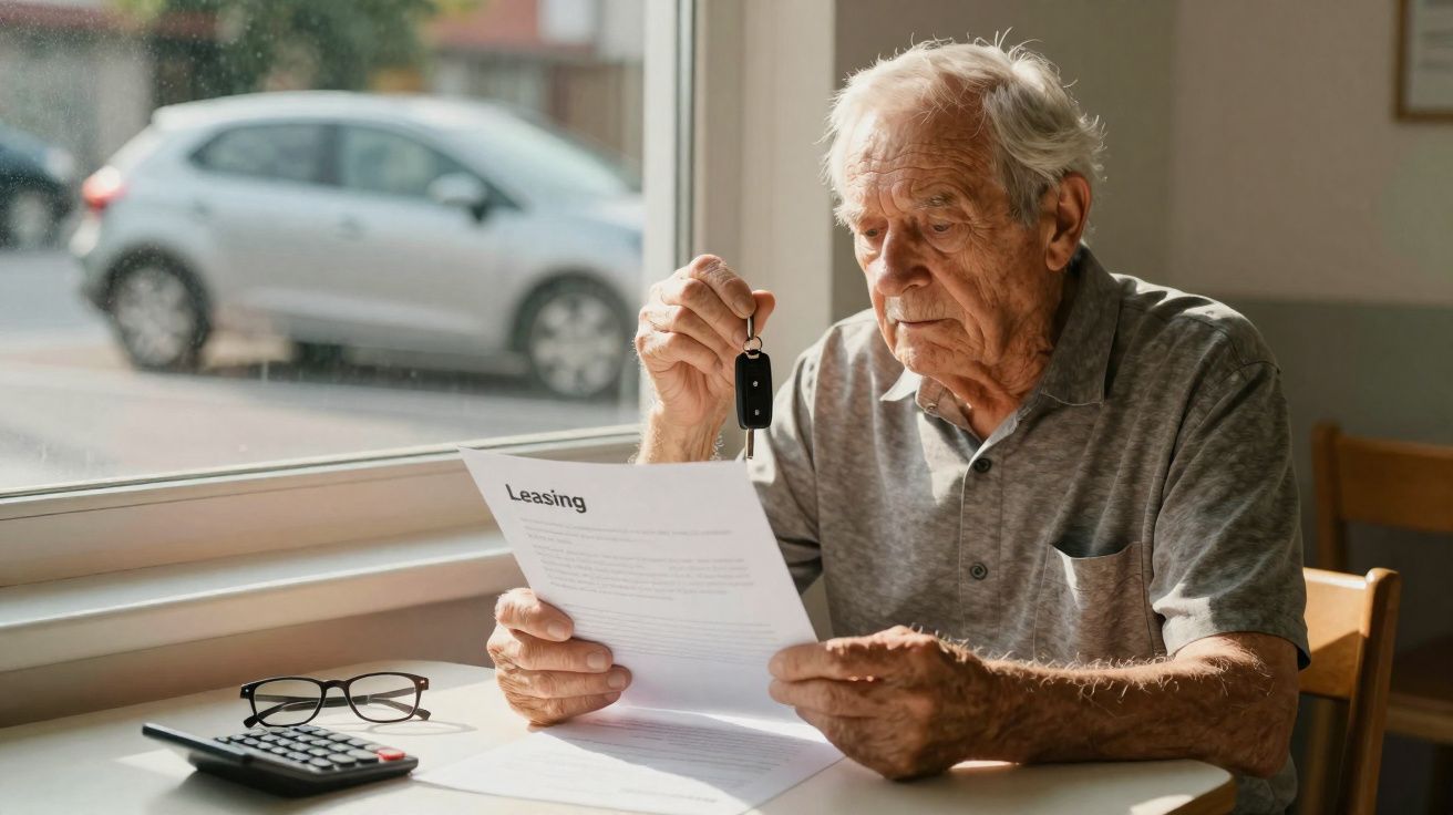 Idoso a ler um contrato de leasing segurando as chaves de um carro junto a uma janela.