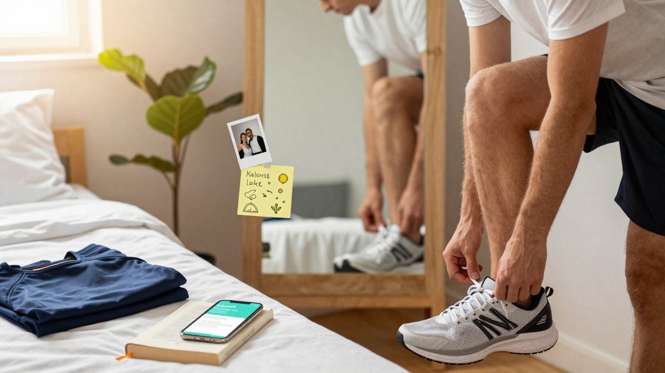 Homem a calçar ténis brancos junto a espelho, cama com roupa azul, livro e telemóvel num quarto iluminado.